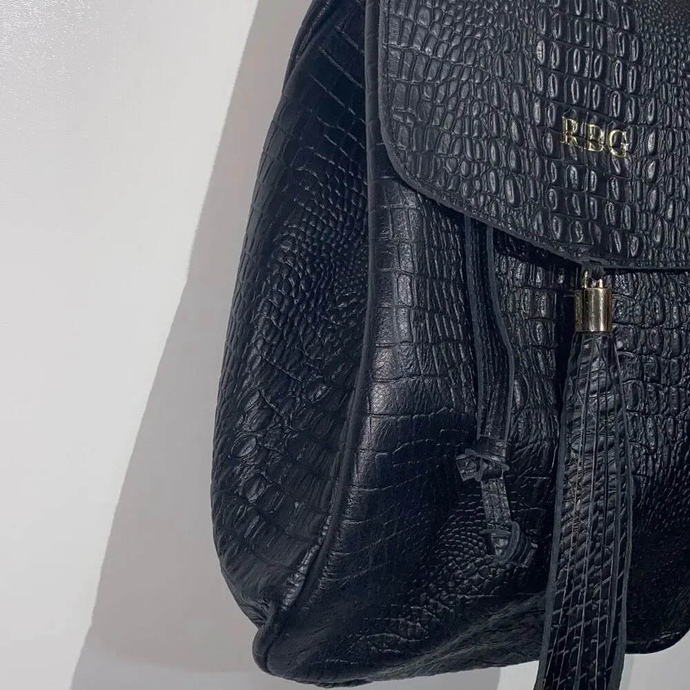 Black Croc Embossed Leather RBG Monogram Tassel Backpack‎ Gold Hardware